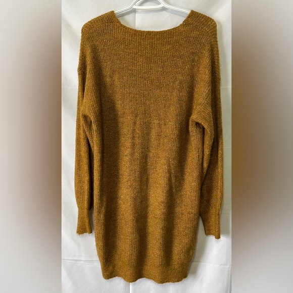 Oversized Tunic Sweater Dress Mustard Deep V-Neck Slouchy Boho - Picture 4 of 12